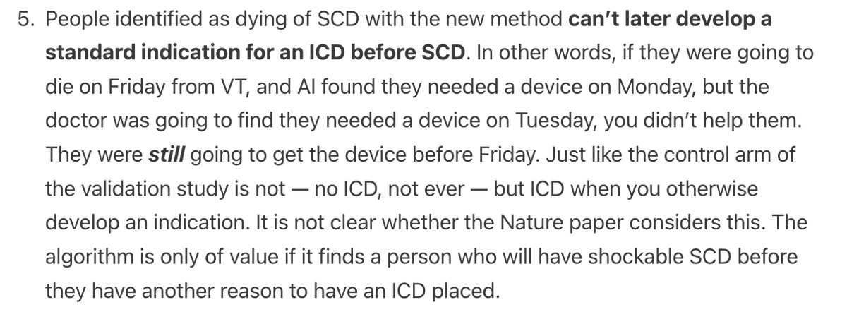 VPrasadMDMPH's tweet photo. 5. In order for the algorithm to save lives, people identified by the algorithm can't develop an ICD indication  (and get one) later.  You don't save lives if you would have identified the person for ICD later in course of illness, but before SCD. https://t.co/YtESEeLbr6