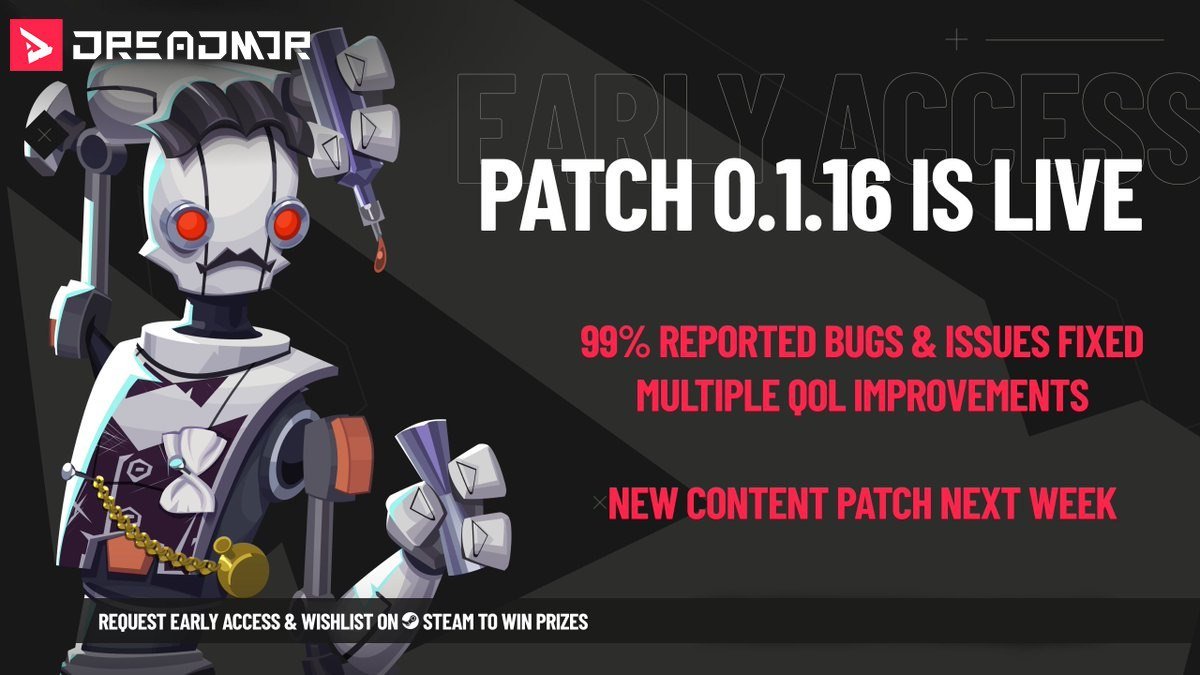 playDREADMOR's tweet photo. 🚨 @playDREADMOR  PATCH 0.1.16 IS LIVE! 🚨

First of all, thank you everyone for playing and providing us with so much feedback, which was extremely helpful in both fixing and balancing 🙏

The patch 0.1.16 includes fixes and improvements to 99% of your feedback.

It addresses issues with:
- Items
- User Interface
- Abilities
- Sound Effects
- Game Balance
- Enemies
- Misc & Other

 For full patch notes & details, see our discord 

 ‼️NEW CONTET UPDATE PATCH - NEXT WEEK ‼️