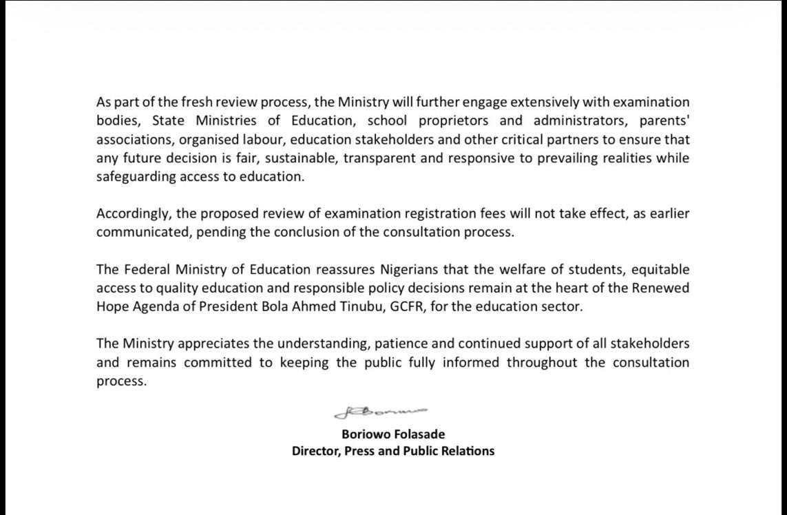 aonanuga1956's tweet photo. Federal Ministry of Education calls for more stakeholder consultations over the proposed increase in WAEC and NECO examination registration fees. https://t.co/KerBB7j5Nm