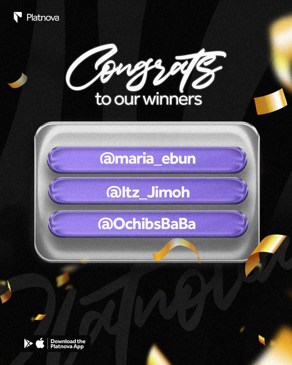 PlatnovaBiz's tweet photo. You’ve finally proven to be a finance guru 🎉

Congratulations to our winners, kindly send us a DM with your Nova tag and email address https://t.co/rqy7XCTp0p