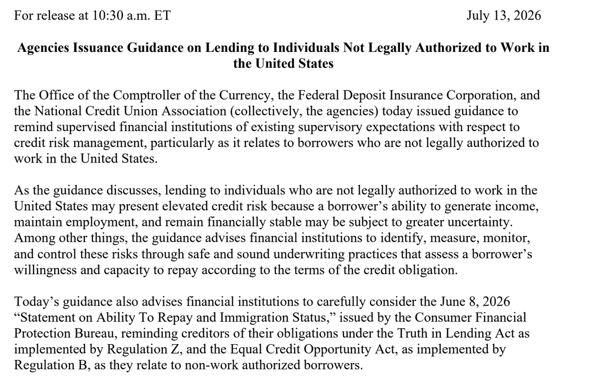 BrendanPedersen's tweet photo. The Treasury Department released guidance this morning aimed at implementing a Trump executive order urging banks to help with a crackdown on "borrowers who are not legally authorized to work in the United States" 

All prudential regulators here except for the Federal Reserve https://t.co/evuDgUTw80