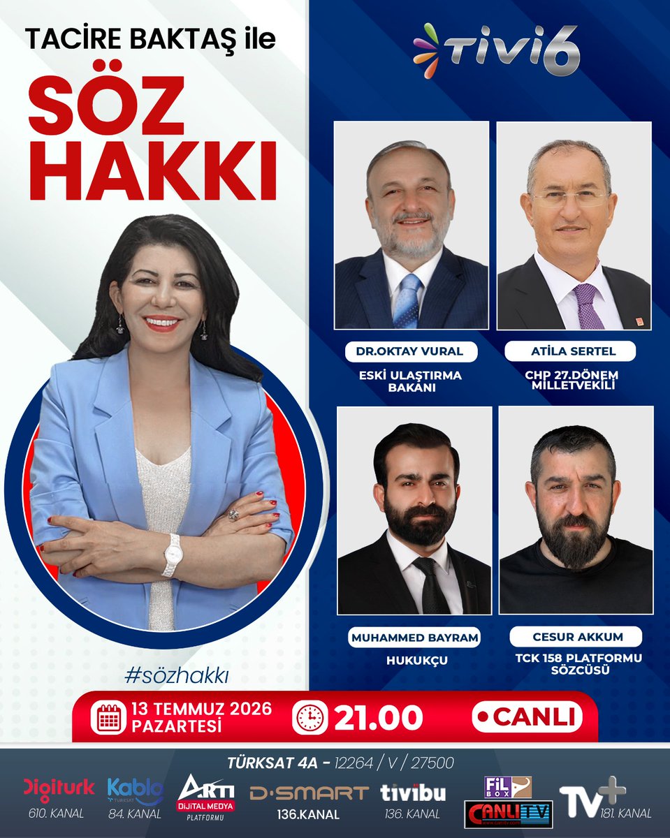 tivi6medya's tweet photo. 📌CHP’de ihraç sırası kimlerde?
📌Özel bu hafta yeni partiyi kuruyor mu?
📌12.Yargı Paketine Hangi Maddeler Eklendi
📌AHBAP Derneği’ne soruşturma
📌TCK 158 IBAN mağdurlarının eylemi nasıl sonuçlanacak?

Türkiye'nin ve Siyasetin Öne Çıkan Başlıkları TİVİ6'da

🔴Youtube Canlı Yayın Linki:
https://t.co/I2aSLUAsiP

➡️DR. Oktay Vural-Eski Ulaştırma Bakanı
➡️Atila Sertel-CHP 27.Dönem Milletvekili
➡️Muhammed Bayram-Hukukçu

@tacirebaktas11  @oktayvural @AtillaSertell @AvMuhammedByrm #cesurakkum

#CHP #ÖzgürÖzel #Siyaset #Gündem #SonDakika #TBMM #12YargıPaketi #YargıReformu #Ahbap #AhbapDerneği
#HalukLevent #Soruşturma #Ankara #Türkiye #CanlıYayın #Tivi6 #GündemÖzel #SiyasetGündemi #GüncelHaber #Tartışma
#TCK158 #IBAN #IBANMağdurları #AnkaraGündemi #sözhakkı #Canlı #Tivi6
