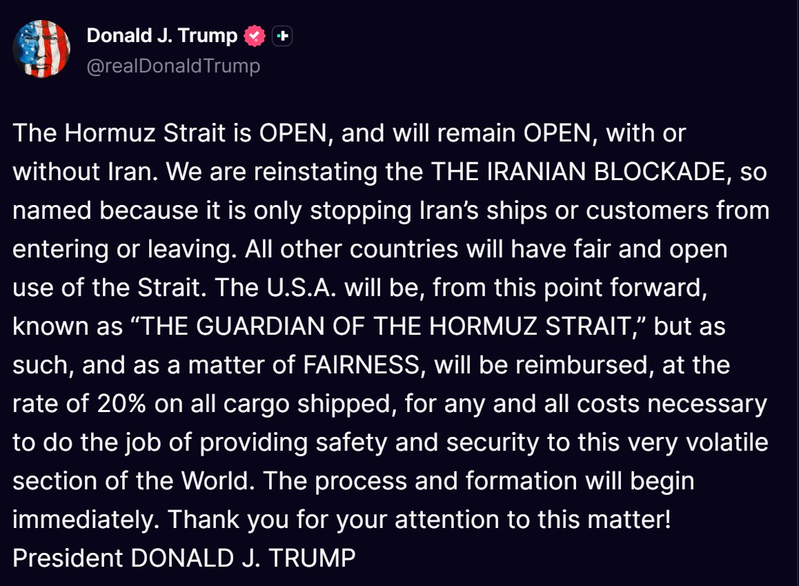 wallstreetbets's tweet photo. BREAKING: 🇺🇸 🇮🇷 Trump says the Strait of Hormuz will stay open, but the US is bringing back its blockade on Iranian ships and anyone doing business with Iran

America will now be known as "THE GUARDIAN OF THE HORMUZ STRAIT" 

and wants a 20% cut on cargo shipped for keeping it open