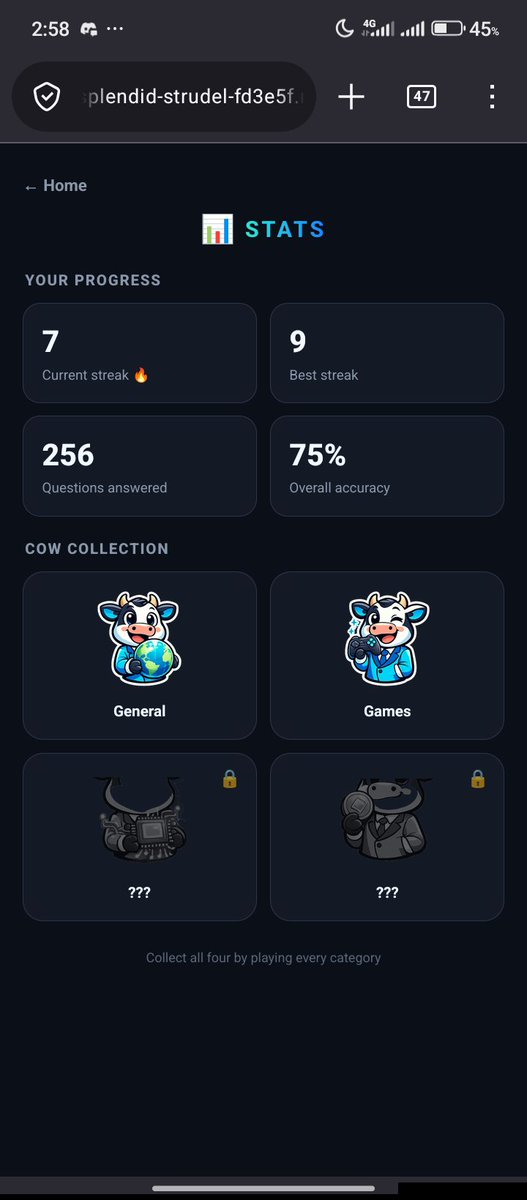 jude_wing's tweet photo. 𝙄𝙩'𝙨 𝙖 𝙣𝙚𝙬 𝙗𝙡𝙚𝙨𝙨𝙚𝙙 𝙬𝙚𝙚𝙠,  𝕏  𝙛𝙖𝙢𝙞𝙡𝙮 👋

I Spent some time on Trivia Herd today, and it reminded me why I keep coming back.

How about waking up, grabbing your phone and jumping into a quick quiz that actually feels rewarding. 

No lags, no glitches — just clean, fast-paced questions firing one after another. 

I smashed through Daily #43, hit 9 out of 10 correct, landed a 1967 total score with a 7-combo streak, and extended my daily streak to 7 days. 

That little “reward unlocked” pop-up genuinely made me grin. 

𝙃𝙚𝙧𝙚’𝙨 𝙝𝙤𝙬 𝙞𝙩 𝙬𝙤𝙧𝙠𝙨: 👇

➟ you pick the right answer before the timer runs out. 
➟ Answer quicker and you score more points. 
➟ Nail a few in a row and your combo multiplier kicks in — that’s where the real points come from. 

Categories mix general knowledge, crypto basics, games, tech and more, so it keeps things fresh whether you’re a DeFi degen or just love random facts. 

Right now I’ve got the General and Games cows unlocked in my collection, and I’m chasing the rest. 

Overall I’m sitting at 256 questions answered with 75% accuracy and a best streak of 9. 

It's super addictive in the best way. 

Play it here let's see how far you can go 👇
https://t.co/vICMAKxa39

#TRIVIAHERD #HCOW #HASHCOW