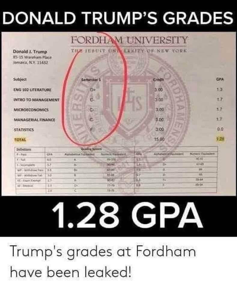 bobbynhl's tweet photo. Hey MAGAs, 
IDIOT TRUMP had 1,28 GPA in college and you worship him so that make you a bunch of BRAIN DEAD MORONS!
@realDonaldTrump #MAGA #GOP #GOPCOWARDS #GOPTRAITORS #DUMBGOPS #GOPMORONS #GOPLIARS https://t.co/NIpef0ywJG