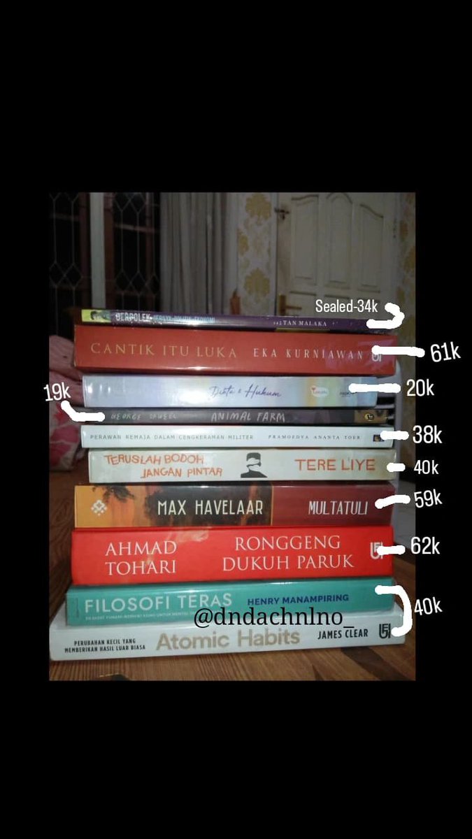 dndachnlno_'s tweet photo. WTS WTO WTB! 
Preloved&amp;sealed novel Gerpolek, cantik itu luka, ronggeng dukuh paruk, animal farm, atomic habits, filosofi teras, etc.
📍Plg
✅Co by oren(free ongk+pack)
✅Good condi
✅Harga sesuai di foto tp masih bisa nego🤩

💜 Bismillah lar
is manis💜 https://t.co/Z5PvmxGA6t