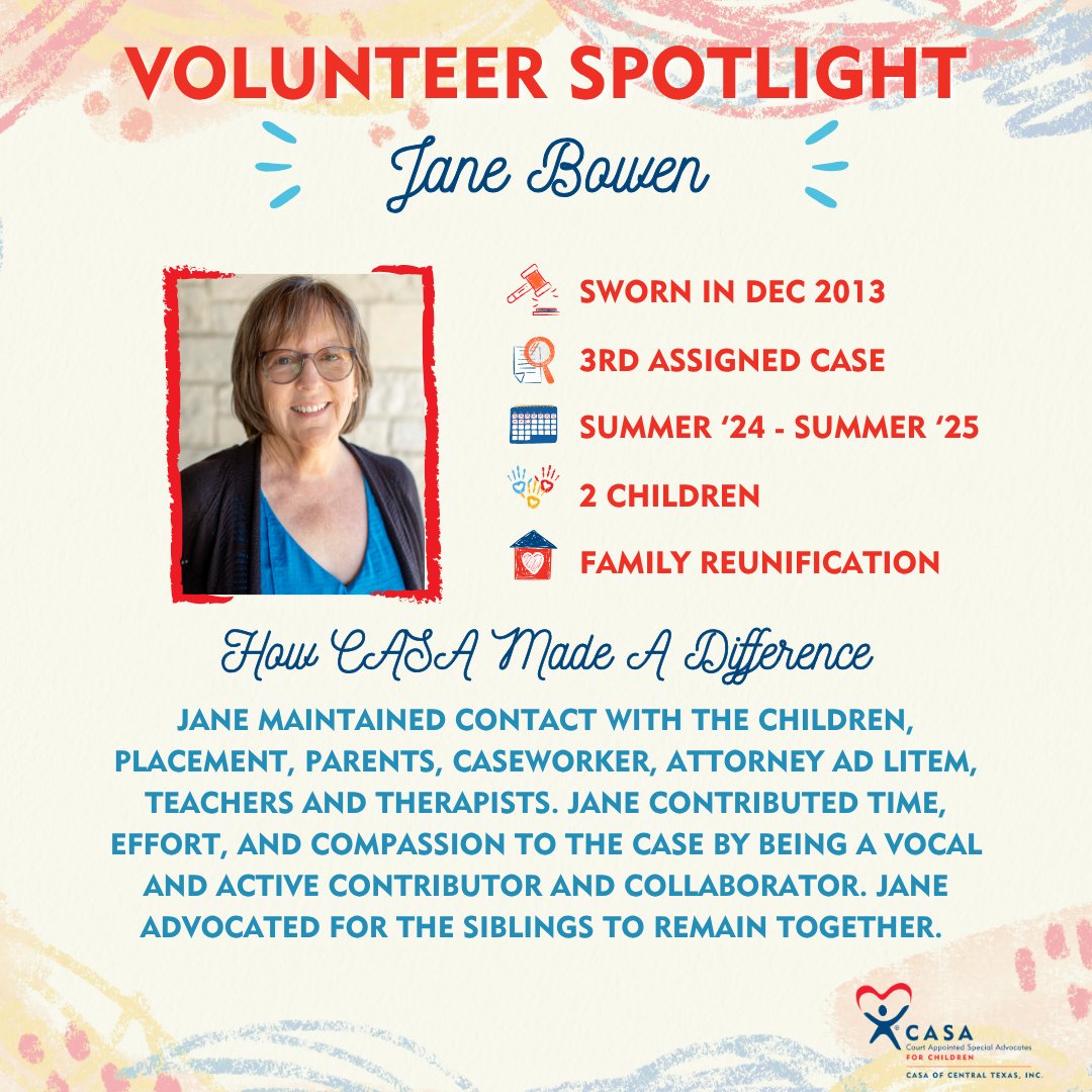 CASACenTex's tweet photo. Shining a light on one of our AMAZING volunteers, Jane! Thank you for being #TheCASADifference!

#BecomeACASA or donate at https://t.co/5XQQhO8EAE. https://t.co/GV7FP3LaTG