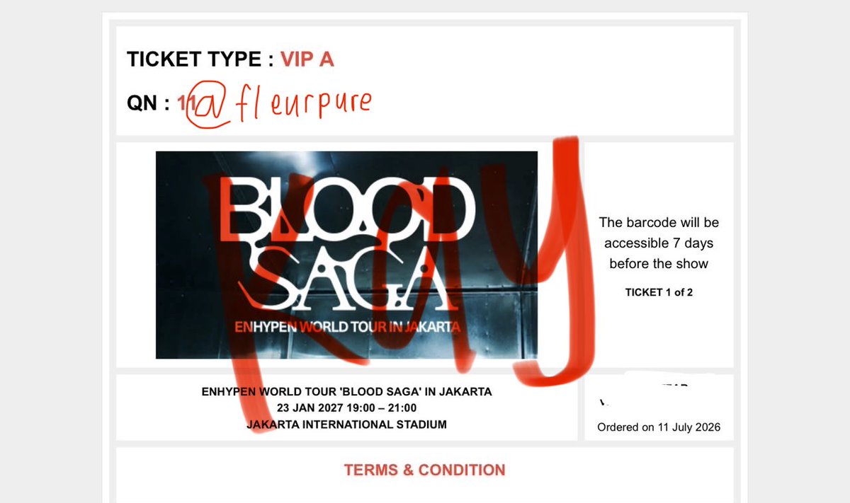 fleurpure's tweet photo. WTS want to sell 
enhypen blood saga in jakarta - presale 
VIP A - qn 11** 

— kindly dm for price
— e-ticket (pdf) will be sent after payment
— prefer full payment, kalau mau cicilan tanya dulu
—  boleh mutual instagram or whatsapp
— dijual karna udah dapet qn lebih kecil https://t.co/aG2TdojxaT