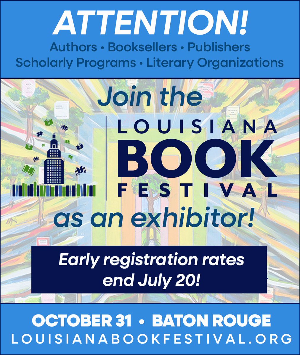 LABookFest's tweet photo. Early exhibitor/vendor registration for #louisianabookfest 2026 is now open. Take advantage of discounted rates on booths, mini-booths, and Exhibitor’s Row tables until July 20! Learn more: https://t.co/w7uvxtp6x8 https://t.co/i9GZYGj2O0