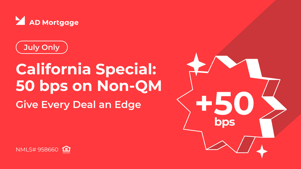 ad_mortgage's tweet photo. ⚽ Score more Non-QM deals in California with an EXTRA 50 BPS advantage: https://t.co/gOZUR3LuAw. This special offer is available through July 31 and is valid for eligible loans in California only. Key details: 

• Applies to Prime, Super Prime, DSCR, Foreign Nationals, and 2nd lien loans
• Available across Wholesale, Correspondent, and Correspondent Plus channels

Log in to your AIM account and lock an eligible Non-QM loan in CA during July.
That’s it – the offer applies immediately. 

🔻Lock your California deal today: https://t.co/gOZUR3LuAw