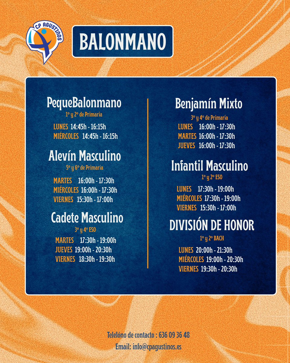 CPAgustinos's tweet photo. Horarios Temporada 2026/2027

#ADNAgustino 💙🧡 https://t.co/06Hz76fIw0