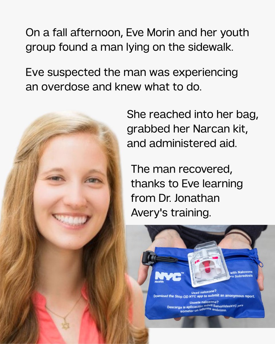 WeillCornell's tweet photo. Eve Morin witnessed a man in distress on a Philadelphia street, suspected an overdose, and used her Narcan kit to help.

She was able to save the man because she learned to administer Narcan during @JonathanAveryMD's training. @WCMPsychiatry 

https://t.co/dPG0OdheEp https://t.co/AIIWXV9Rg9