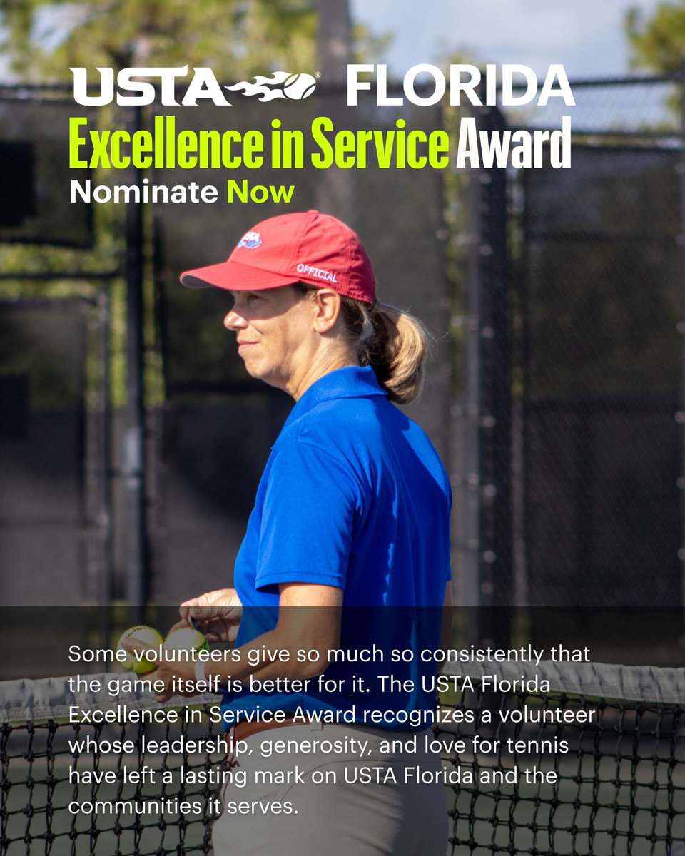 USTAFlorida's tweet photo. Nominations for the 2026 USTA Florida Section Awards are OPEN! 🎾💙 

🗓️ Applications are open and run until  August 13, 2026
🏆 Winners honored at the 2026 Florida Tennis Summit, November 13 to 15

Nominate someone today 👇: https://t.co/Lrsp9Hk3ct https://t.co/bWxaUyp2hS