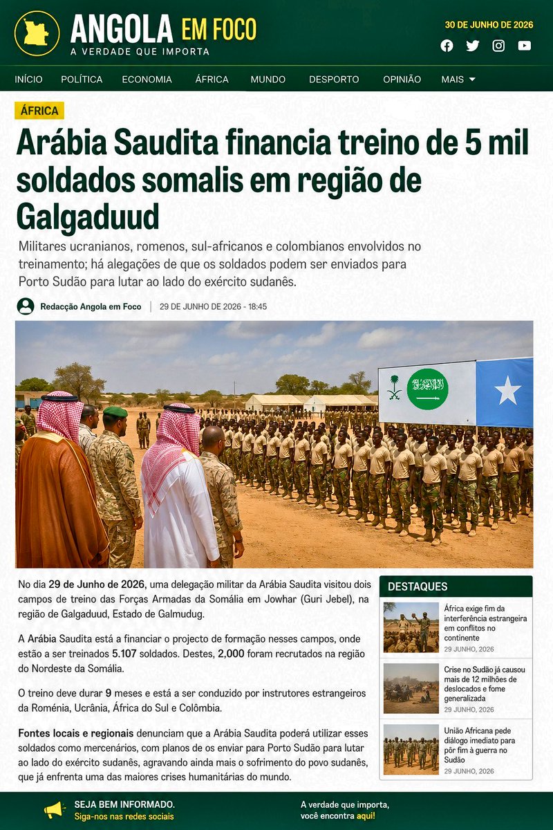 EdmilsonSic7qs's tweet photo. Epá, a Arábia Saudita veio mesmo meter o bedelho aqui no nosso solo? 🤦🏾‍♂️ Gastar guito para treinar essas 5 mil tropas e depois mandá-las para o Sudão é demais. A nossa África não é campo de jogos de ninguém, pá Merecemos respeito 🌍🩵

​#saudiarabia #sudan #somalia https://t.co/TNNdz0jr9c