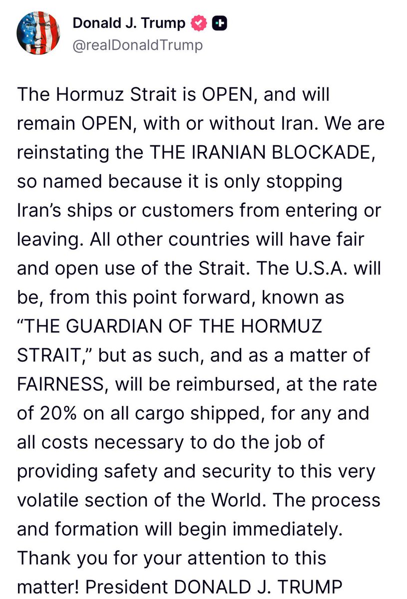 QudsNen's tweet photo. Trump announces the Strait of Hormuz will remain open to all nations except Iran, reinstating a targeted Iranian blockad and that the U.S. will charge 20% on all cargo shipped through the strait. https://t.co/HHU8DhB4z0