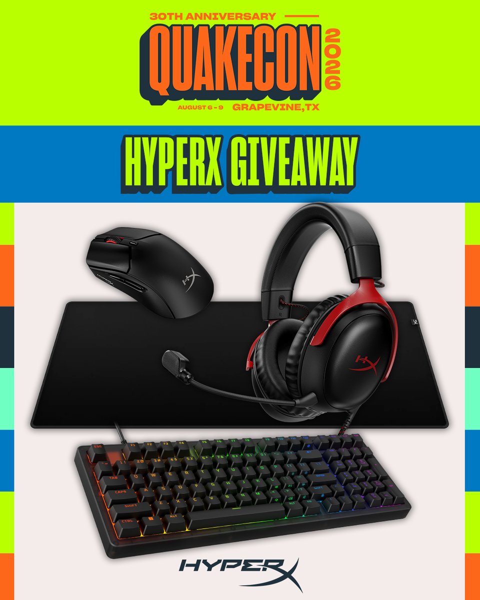QuakeCon's tweet photo. We’re teaming up with @HyperX to give away a FULL pro-level gaming peripheral setup 
🎧 + ⌨️ + 🖱️ + 🛡️ — everything you need to lock in.
And that’s not all… more prizes await at QuakeCon 👀
Don’t miss your chance.
Follow and Retweet!
Rules: https://t.co/Z6uRBAgEcv
#QuakeCon #HyperX