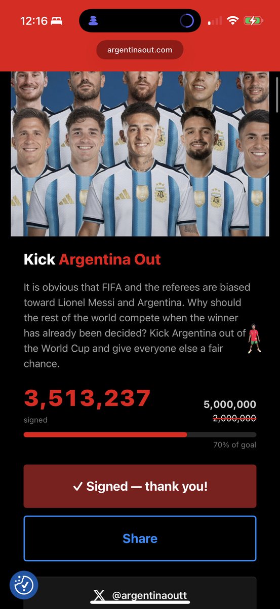 Lavozgalactica's tweet photo. Han creado una petición para expulsar a Argentina del Mundial y ya lleva casi 4 millones de firmas. https://t.co/2FmOTKYWv7