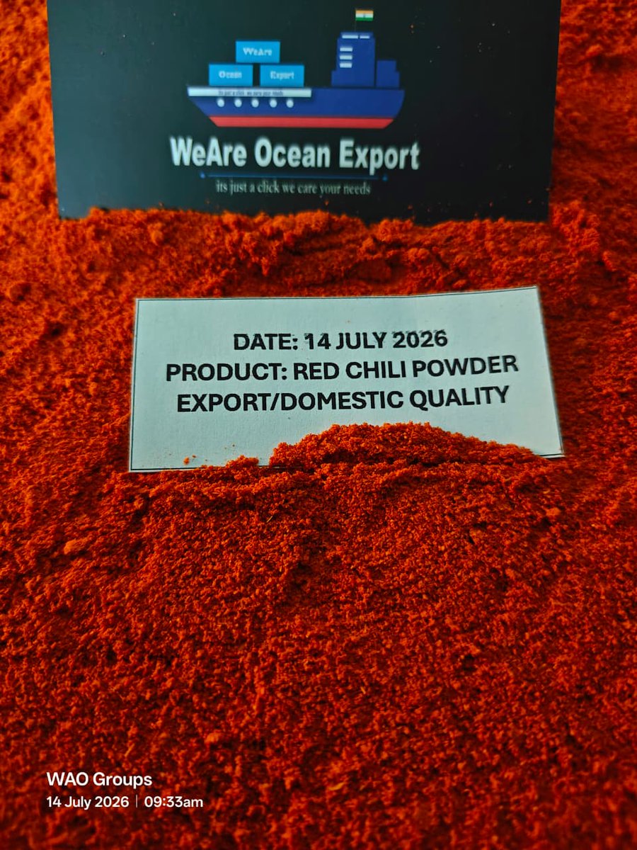 WeAreOcean_'s tweet photo. 14 July 2026 Premium Indian Red Chili Powder available for Export &amp; Domestic Supply.

🇮🇳 Origin: Indian
📍 Guntur, Andhra Pradesh

Ping us more information
📞 +91 79040 83891
🌐 https://t.co/WS14gP6FN6

#RedChiliPowder #ChiliExport #Export #Guntur #India #WeAreOcean #waogroups https://t.co/M7xVqTybMl