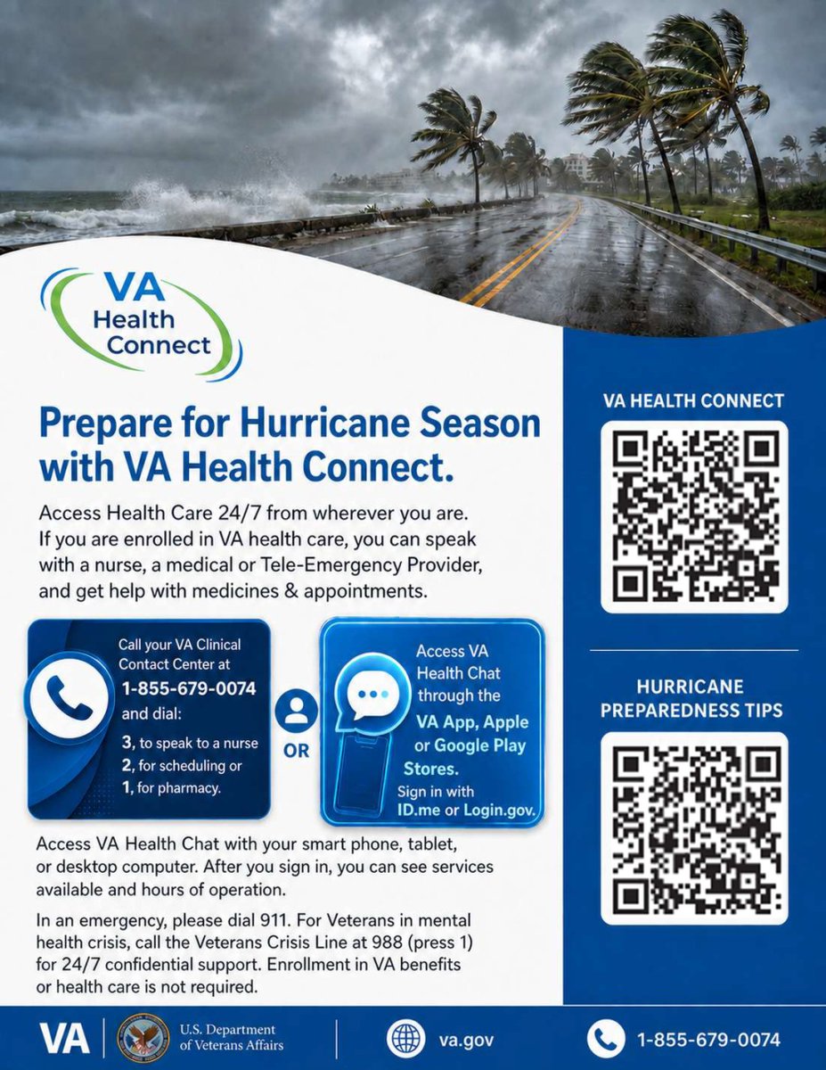 RichmondVAMC's tweet photo. Hurricane season is here. 🌧️ 
Enrolled Veterans can reach VA Health Connect 24/7 from wherever you are—before, during, and after a storm.
• Talk with a nurse or provider
• Get help with medicines
• Manage your VA appointments
Download the app "VA Health Chat" or call 1 855 679 0074. 
#VAHealthConnect #HurricaneSeason #Veterans #VAHealthcare