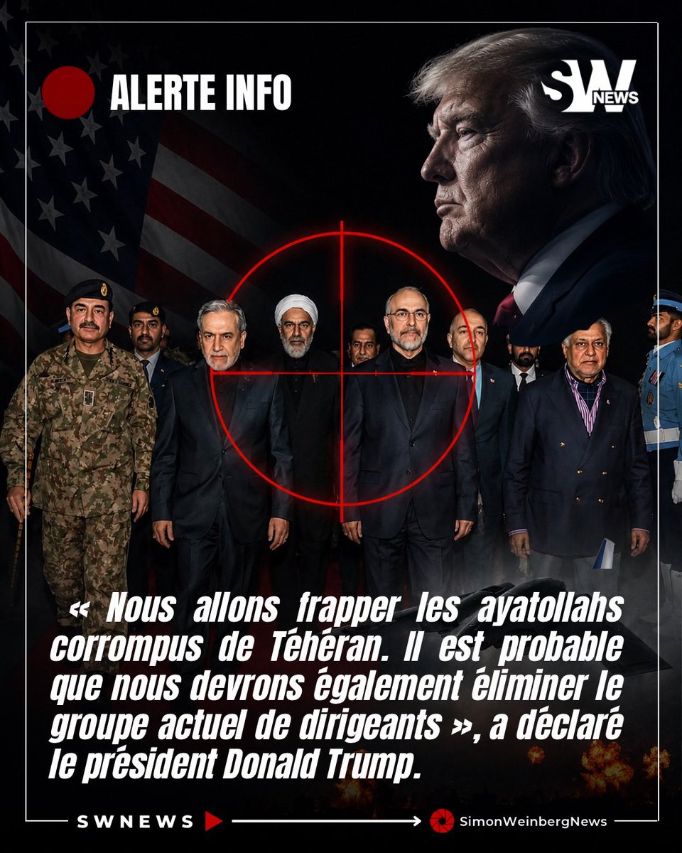 SlMONWEINBERG's tweet photo. 🔴🇺🇸🇮🇷⚡️| ALERTE INFO> Les États-Unis d’Amérique prévoient de lancer aujourd’hui de nouvelles attaques massives contre l’Iran. « Nous allons frapper les ayatollahs corrompus de Téhéran. Il est probable que nous devrons également éliminer le groupe actuel de dirigeants », a déclaré le président américain.

Jusqu’à présent, plusieurs hauts responsables politiques iraniens, notamment les principaux dirigeants civils, avaient été épargnés alors que Washington privilégiait encore la voie des négociations et du cessez-le-feu.

📌La rupture de cette trêve semble désormais marquer un changement de doctrine : les déclarations de Donald Trump laissent entendre que la stratégie américaine pourrait désormais viser directement la direction politique du régime, et non plus uniquement ses capacités militaires.

#Iran #Trump #ÉtatsUnis #MoyenOrient #SWNEWS