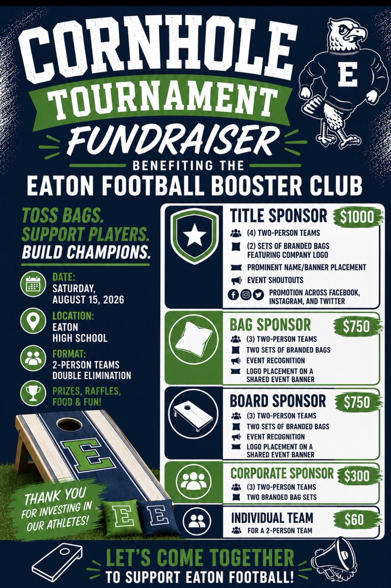EatonEagleFB's tweet photo. 🌽🏈 Support Eaton Football at our 1st Annual Cornhole Tournament! Teams are $60, and sponsorships are available. Bring your family and friends for a great day supporting our student-athletes. See the attached flyer for details! 

#GOBIRDS🦅 https://t.co/xfgkF4HCKR