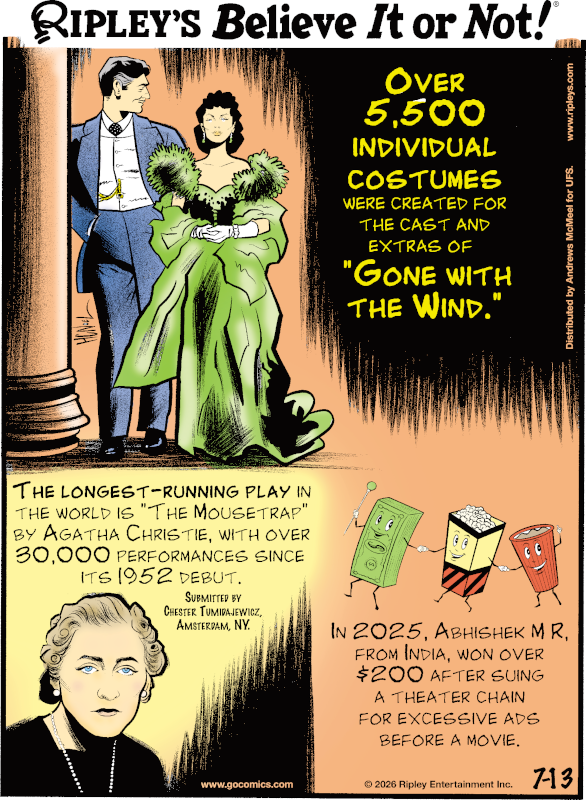 Ripleys's tweet photo. The longest-running play in the world is “The Mousetrap” by Agatha Christie, with over 28,000 performances since its 1952 debut.

Catch our daily cartoon here.👇 https://t.co/voNfzz1Gi4 https://t.co/mb0X8QHKGn