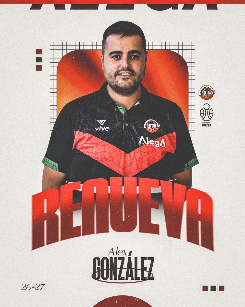 GrupoAlegaCant's tweet photo. ❤💚Alex González continuará en el cuerpo técnico de #GrupoAlegaCantabria como entrenador asistente de Lolo Encinas en su octavo año en el baloncesto profesional🏀

#5AñosdeOro #PrimeraFEB #BaloncestoenCantabria https://t.co/YUXUntv0aV