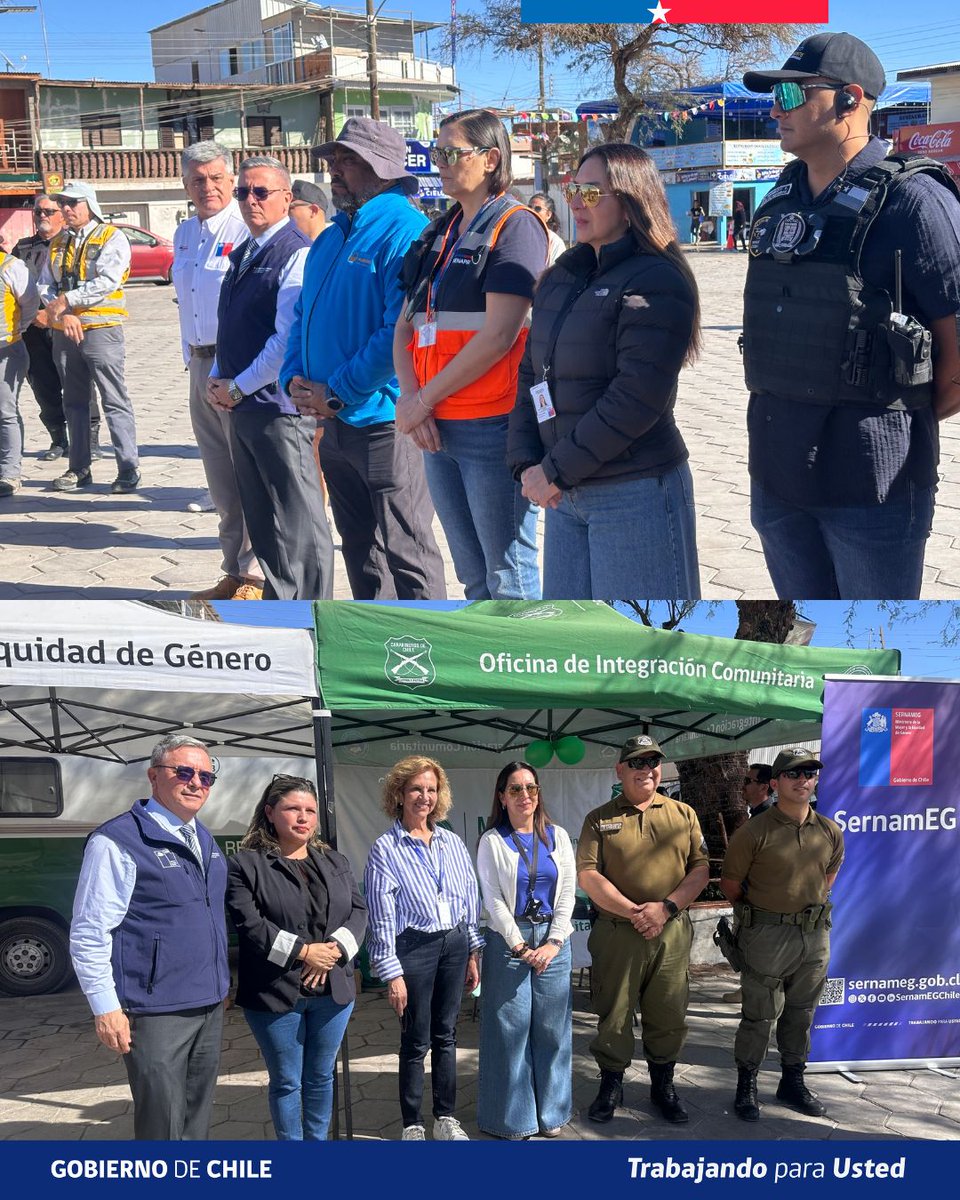 SernamEGTarapac's tweet photo. Con el objetivo de garantizar una festividad segura, la directora regional del Servicio Nacional Tarapacá Natalia Currín Aracena, junto a autoridades regionales, participó en la presentación del contingente de Carabineros desplegado en la #LaTirana. https://t.co/jCYX62yCsg