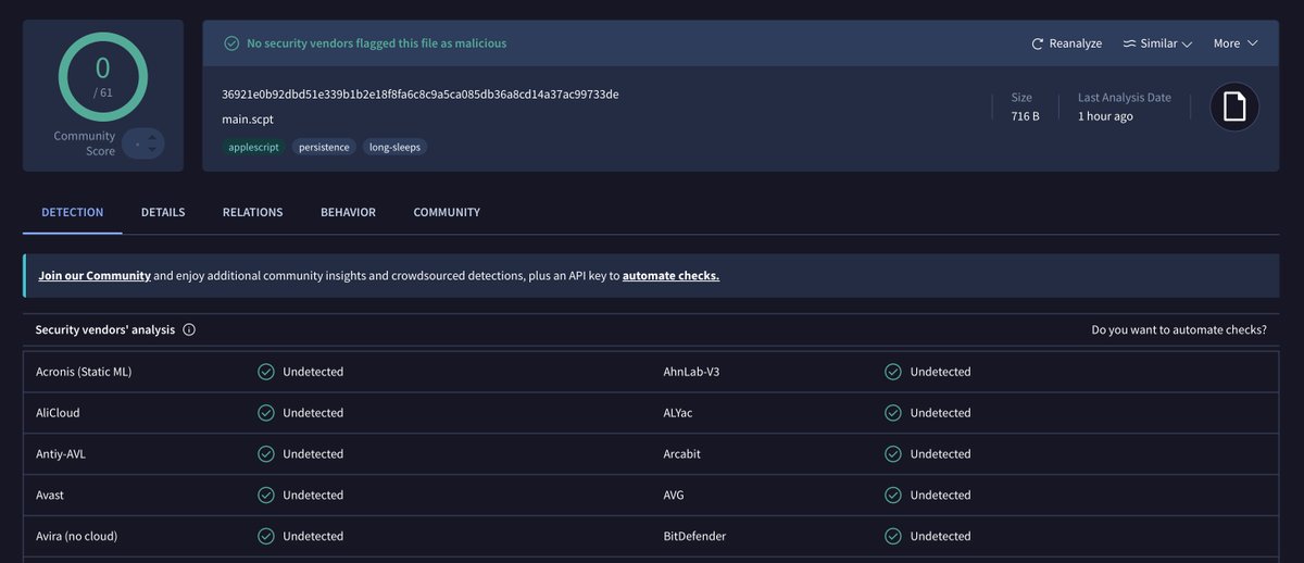 moonlock_lab's tweet photo. 1/ Looks like #DigitStealer is still hard to detect on VT. @malwrhunterteam shared a file with us which led to Stage-1 compiled AppleScript. With multiple parallel scripts to execute, it remains a threat to #macOS users. 
More info below 👇 https://t.co/mH3l0xqbkG