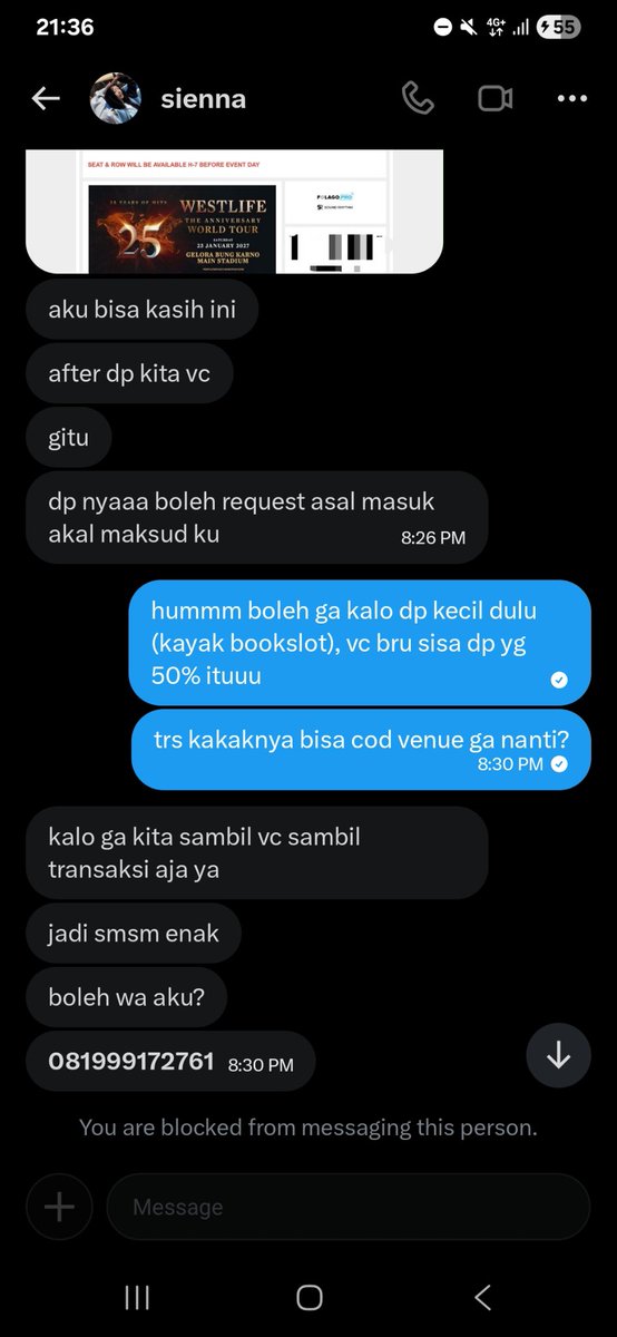 nyawgurl's tweet photo. mau cerita dikit krn ini pertama kali kena scam, soalnya agak menggebu2 belinya jd ga mikir:((( td sore aku nemu akun @nazvias ini, krn cari wts westlife yg 2 tix itu susah bgt trs akhirnya ada yg avail. sebenernya udh feeling jelek krn akunnya cuma jualan, tapi- https://t.co/OUu1ZGTf2J