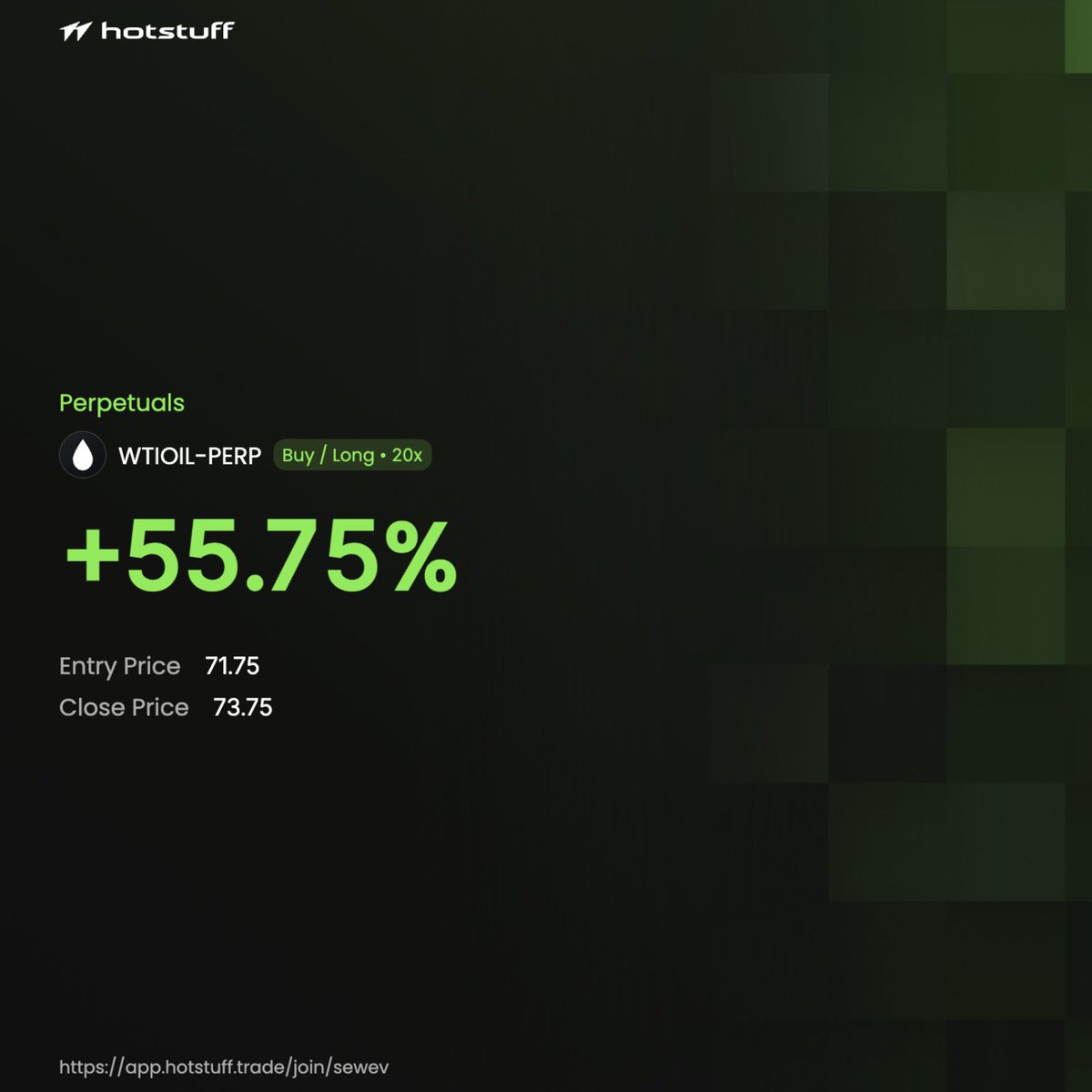 GaiusHQ's tweet photo. Kane just dropped a hat-trick emote on his boost card and I'm not okay 😂

+1.75x multiplier, live for 28h, straight from the FIFA Cup drop on @tradehotstuff

Been running WTIOIL-PERP on 20x through this and closed +55.75% off a 2-point move (71.75 → 73.75). This is exactly the kind of volatility window RWA perps were made for — the choppier it gets, the bigger the multiplier stacks on your PnL

And it's about to get a lot choppier. England vs Argentina in the semis Wednesday. Messi's last World Cup match potentially on the line. If you're not positioned before kickoff week you're basically watching everyone else print

Cup's still active, cards are still dropping, $50k boost pool isn't going anywhere by itself

Grab your card, ride the RWA wave, don't fade this window

@HKane pick a side lol

#Hotstuff #HKane #FIFA #FIFAWorldCup2026 #DexPerp