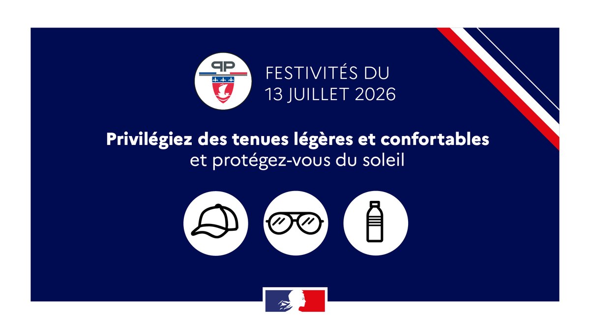 prefpolice's tweet photo. Vous assistez ce soir au feu d'artifice au #ChampDeMars ?

Pour profiter pleinement de l'événement :
🧢 Protégez-vous du soleil.
👕 Privilégiez une tenue légère et confortable.
💧 Pensez à vous hydrater régulièrement. https://t.co/J287uSwGIm