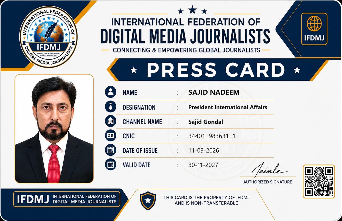 TayybGondal's tweet photo. OFFICIAL NOTIFICATION

The International Federation of Digital Media Journalists (IFDMJ) is pleased to announce the continuation of Mr. Sajid Nadeem Gondal as President International Affairs, IFDMJ Central Body Pakistan, effective 11 March 2026.

His IFDMJ Press Card has also been renewed. During his two-year tenure, he will continue to strengthen IFDMJ's global network by coordinating with international chapters, establishing new organizational bodies, fostering cooperation with journalists worldwide, and representing IFDMJ in international affairs.

At the end of the tenure, the IFDMJ Governing Body will review his performance and determine whether to renew his appointment or nominate a successor in accordance with the Federation's Constitution.

Congratulations and best wishes for continued success.

@IFJGlobal @RSF_inter @pressfreedom @pressfreedom @IPIglobal @ICFJ @UNESCO @UNHumanRights @UN @UN_News_Centre @UN_SDG @CPJAsia @ICRC @CommonwealthSec @MediaFreedomC @ReutersInstitute @OSCE_RFoM @EFJEurope @IFEX @GlobalAffairs