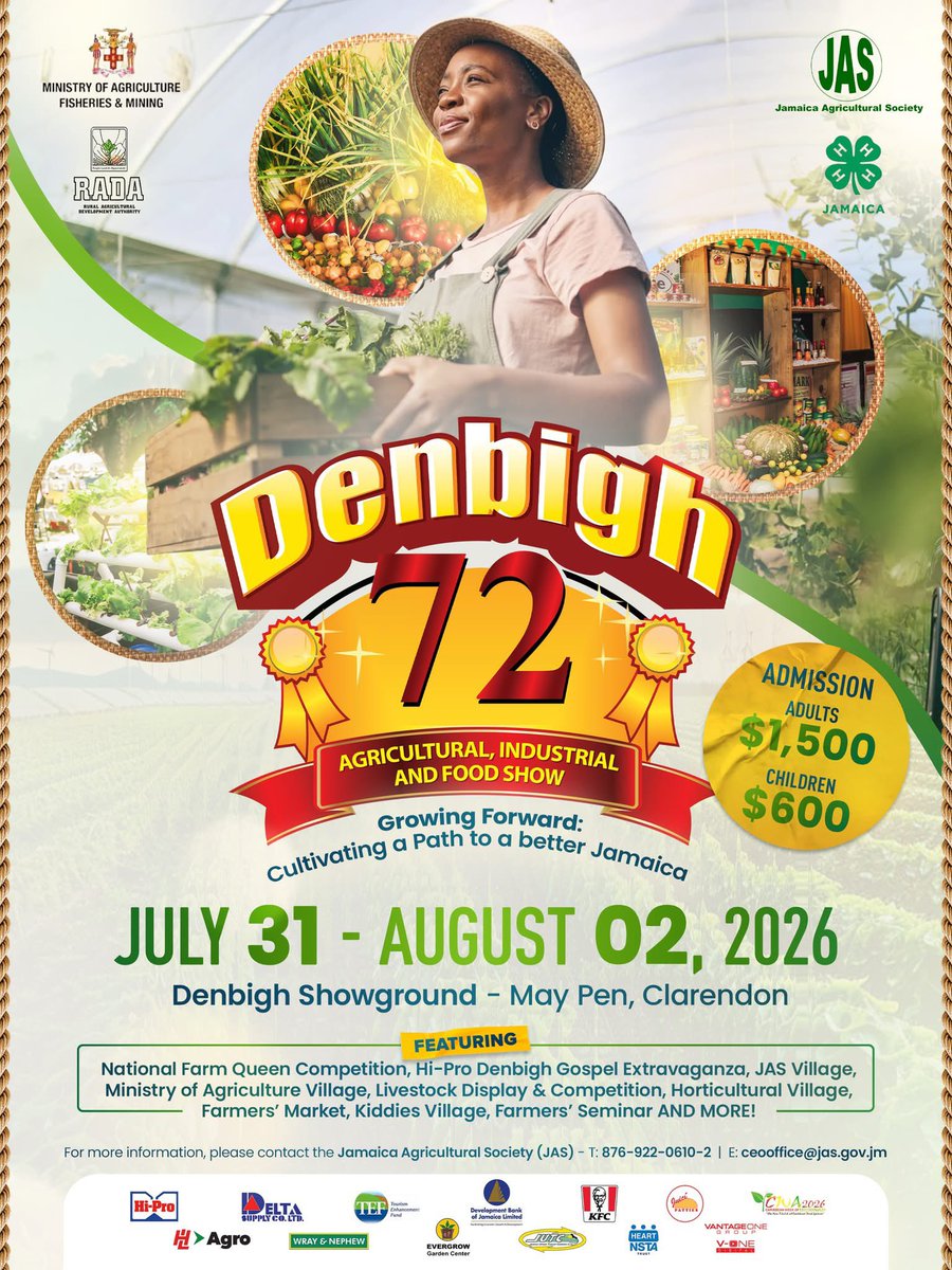 moafjm's tweet photo. Get ready for the BIGGEST and BEST agricultural show across the entire Caribbean! The Denbigh Show is back in full effect from July 31 - August 2. Come out each day for fun, excitement, entertainment and vibes.
#Denbigh72 #GrowingForwardJA https://t.co/UaQejXt45u