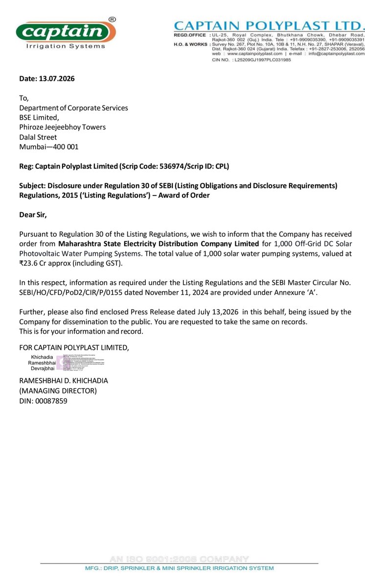 BusinessNewsPo1's tweet photo. #BreakingNews
#CaptainPolyplast Ltd has received
order from Maharashtra State Electricity Distribution Company Limited for 1,000 Off-Grid DC Solar
Photovoltaic Water Pumping Systems. The total value of 1,000 solar water pumping systems, valued at ₹23.6 Cr approx (including GST).
#BSE #NSE #StockToWatch #StockInFocus #StockInNews