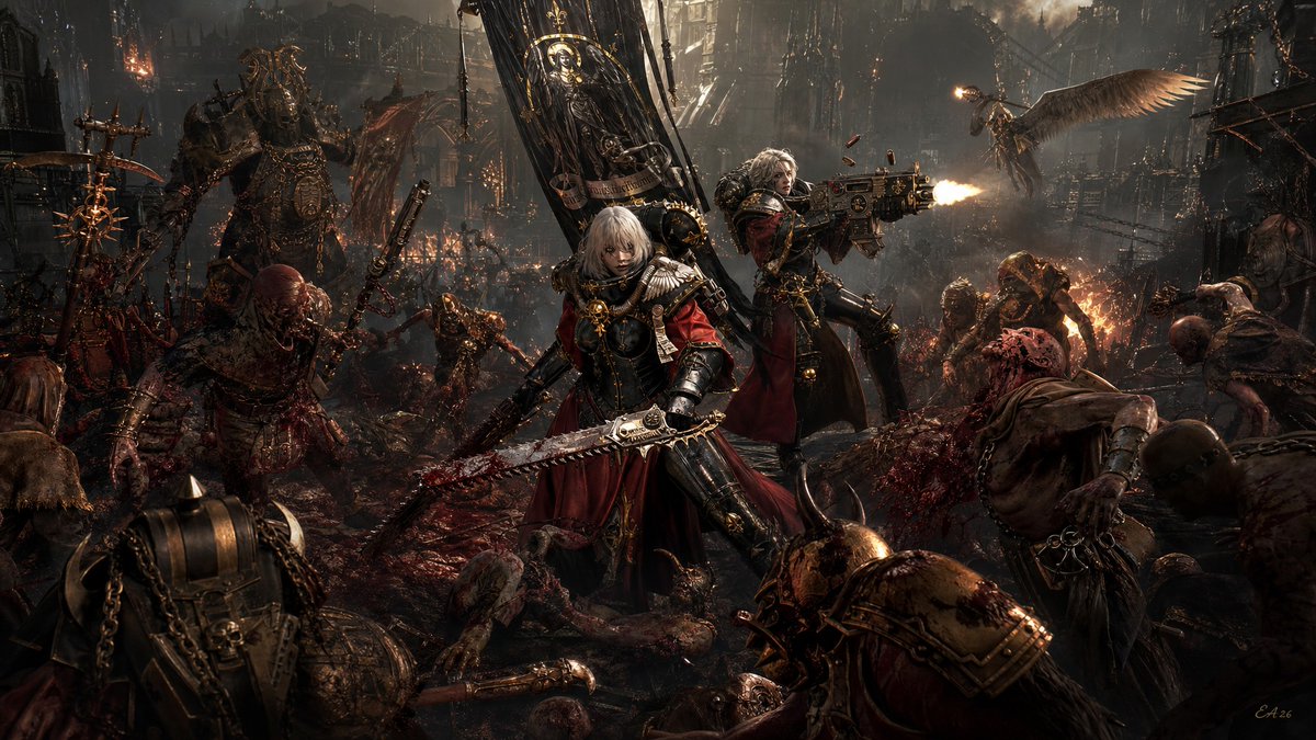 HairnetNation's tweet photo. Sisters of Battle in a bloody fight against Chaos cultists and daemons in Warhammer 40k. https://t.co/oeTWdYsSl7