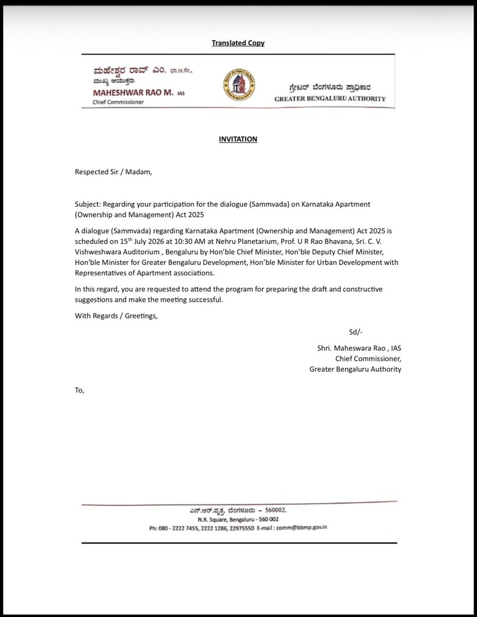 BAFBLR's tweet photo. Important Meeting : 

Dear Apartment Owners and Representatives,

You are cordially invited to participate in an important Public Consultation on the Draft Karnataka Apartment Ownership & Management Act (KAOMA) 2025 Chaired by the Hon'ble Chief Minister of Karnataka, Shri D.K. Shivakumar.

https://t.co/GEuW85m6EA

This  is an opportunity for apartment communities across Karnataka to express their views and support a modern legal framework for apartment ownership and management.

> *Meeting Details*

Date: Wednesday, 15 July 2026
🕥 Time: 10:30 AM (Reporting Time: 10:00 AM)
📍 Venue: Prof. U. R. Rao Bhavana,
Inside Jawaharlal Nehru Planetarium,
Sankey Road, High Grounds, Bengaluru – 560001

> Please Confirm Your Participation by Registering at : https://t.co/Y9RXwQ6fHz

@DKShivakumar @DrParameshwara @krishnabgowda @KBGBlrDevUpdate @Dr_Yathindra_S @GBA_office @GBAChiefComm @BECCUPDATES @BWCCofficial @BCCCofficial @comm_blr_south @BNCCofficial @DeccanHerald @htTweets @TOIBengaluru @osd_cmkarnataka @timesofindia @Vijaykarnataka @Vijayavani_Digi @tv9kannada @KannadaPrabha @prajavani @BangaloreMirror @diganthaonline @HosadiganthaWeb @publictvnews @KannadaRepublic