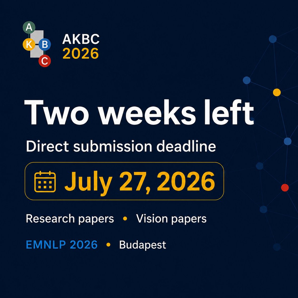 akbc_conf's tweet photo. Two weeks left for direct submissions to #AKBC2026.

We welcome research papers and vision papers on the construction, integration, and use of structured knowledge in the age of LLMs.

📅 Deadline: July 27, 2026
🔗 https://t.co/alzKW24cbj
#EMNLP2026 https://t.co/grJBXGC7TF