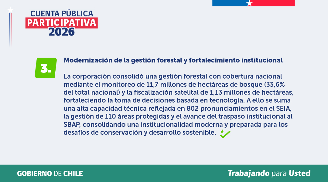 MinagriCL's tweet photo. 🌳 Reforestar, restaurar y prevenir es parte del compromiso de @conaf_minagri con un Chile más resiliente.

🍃 Fortalecimos la prevención y el combate de incendios forestales con más brigadas, aeronaves y nuevas tecnologías; impulsamos la restauración de más de 9.900 hectáreas y modernizamos la gestión forestal con monitoreo satelital e inteligencia artificial para proteger nuestros bosques y enfrentar los desafíos del cambio climático.

🌿 Conoce los principales avances de CONAF presentados en la Cuenta Pública 2026 del @MinagriCL