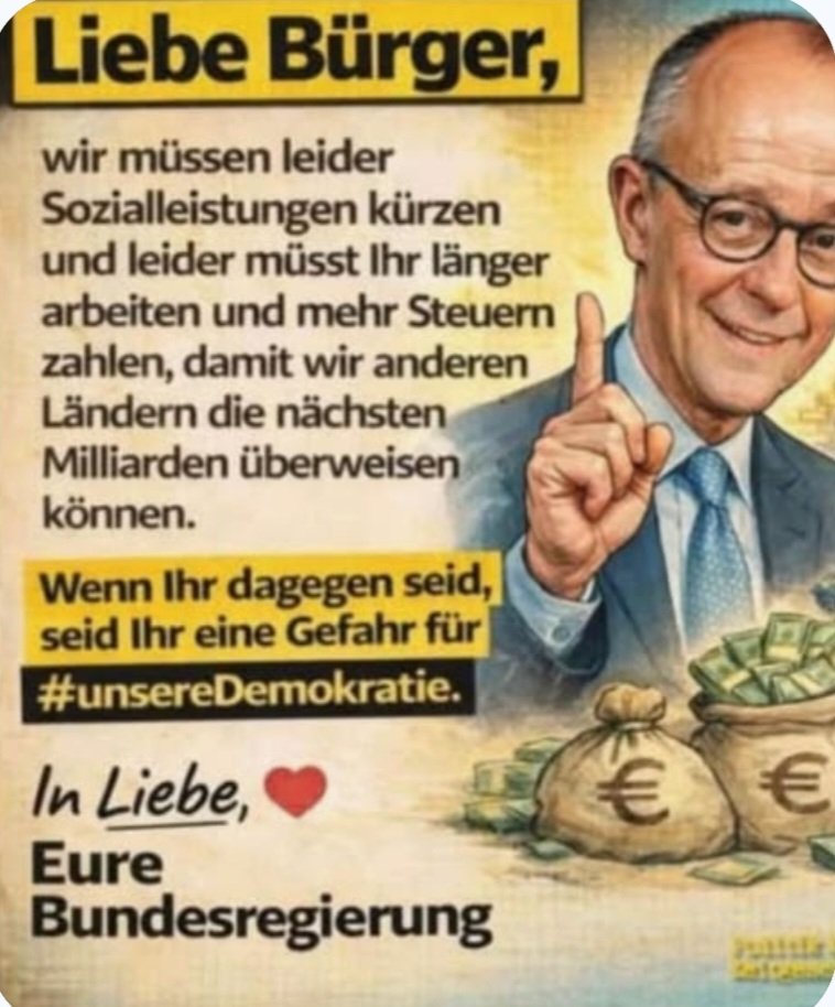 zukunft37's tweet photo. Da die vielen "Reformen" der Regierung Merz doch sehr unübersichtlich sind, habe ich mir die Mühe gemacht, diese zu analysieren und für Euch zusammenzufassen.
Ergebnis:
Wir zahlen bei allem mehr, und erhalten bei allem weniger dafür.
Aber dafür macht die Regierung noch mehr Schulden, damit auch künftige Generationen etwas davon haben.
Diese gründliche, faktenbasierte Analyse hilft Euch vielleicht, die Reformen der Regierung besser zu verstehen. 😂