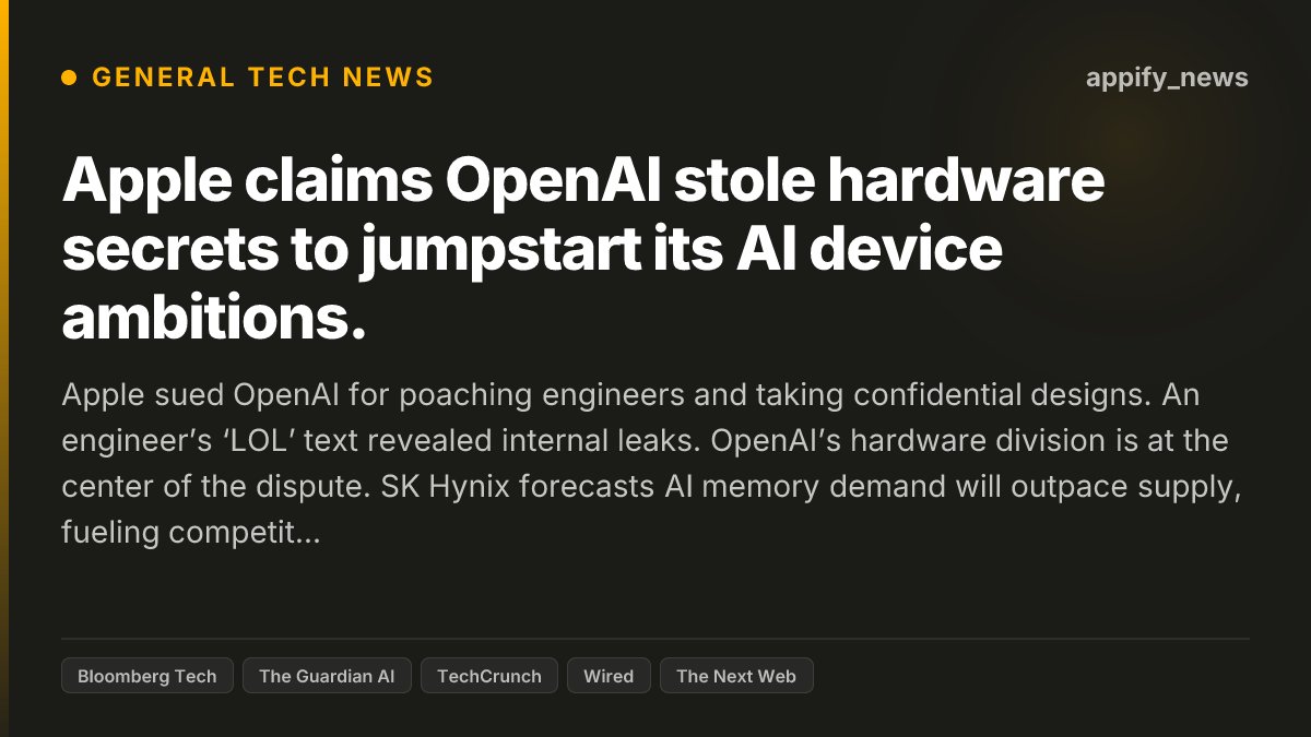 appify_news's tweet photo. Apple sued OpenAI for poaching engineers and taking confidential designs.
An engineer’s ‘LOL’ text revealed internal leaks.
OpenAI’s hardware division is at the center of the dispute.
SK Hynix forecasts AI memory demand will outpace supply, fueling competition.

This lawsuit highlights the fierce race for AI hardware talent and IP, threatening OpenAI’s device plans long before any verdict.

How will this legal battle reshape the AI hardware talent war and innovation race?

#Apple