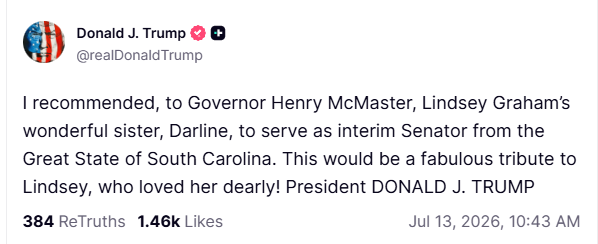 __0HOUR1_'s tweet photo. Lindsey Graham little sister will take the seat.

Remember, Lindsey and Darline were inseparable.

What an honor https://t.co/nHiYj5zBmz