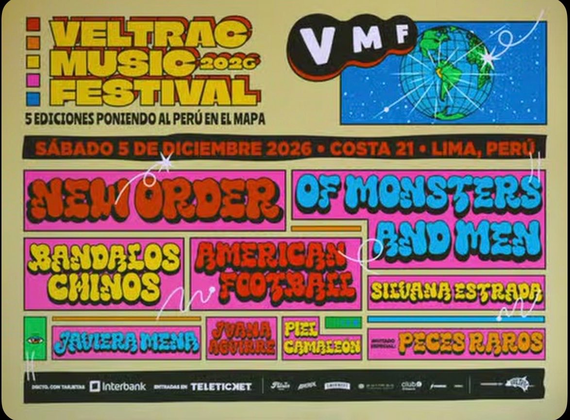 MasMusicPE's tweet photo. ✨Ya está aquí el lineup del Veltrac Music Fest 2026.
NEW ORDER y OF MONSTERS AND MEN encabezan un cartel que también reúne a Bándalos Chinos, Javiera Mena, American Football y más.
📍Costa 21
🗓️ 05 diciembre
#VMF2026 https://t.co/2GMs131Lz7