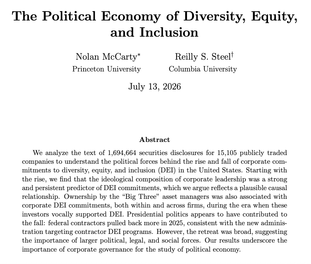 reillysteel's tweet photo. What explains the dramatic rise and fall of corporate commitments to DEI? In a new paper, co-authored with @Nolan_Mc, we analyze the text of 1,694,664 securities disclosures for 15,105 publicly traded companies to understand the political forces behind these developments. https://t.co/Q1ggy9SFJK