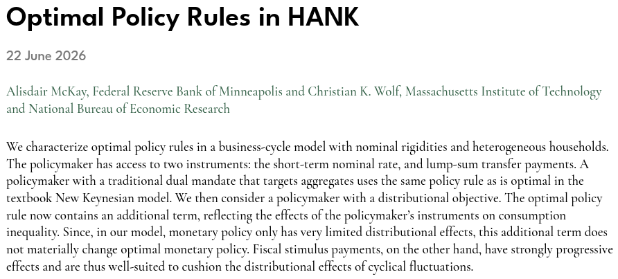 RevEconStudies's tweet photo. What role can monetary policy play in offsetting distributional shocks?  @AlisdairMcKay &amp; @ChristianKWolf argue it cannot do very much because the impacts of monetary expansions and contractions are borne relatively evenly across the population.

https://t.co/DTbkrfWaL3

#EconX https://t.co/x0ay60LntM