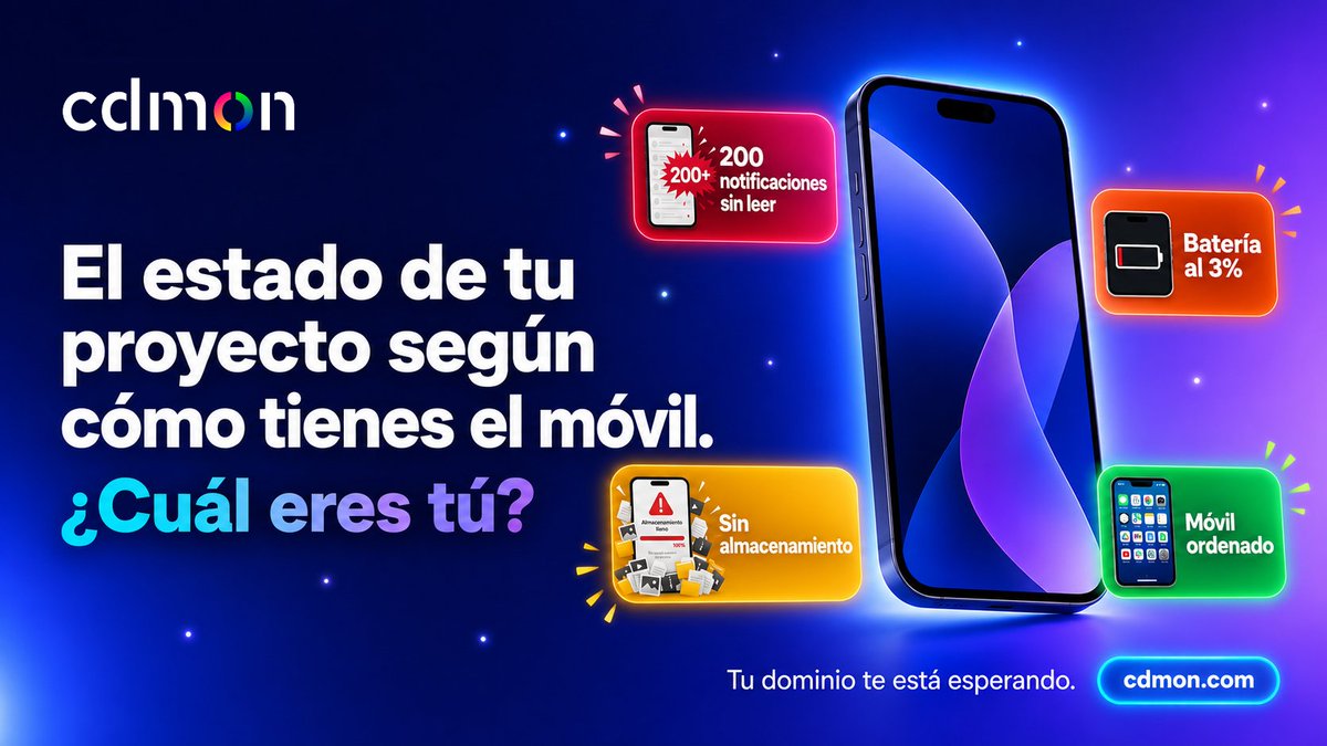 cdmon's tweet photo. El estado de tu proyecto según cómo tienes el móvil:

📵 200 notis → mil ideas, cero webs
🪫 batería al 3% → nunca lanza
📵 sin almacenamiento → too many projects
✅ móvil ordenado → tiene web, tiene clientes

¿cuál eres tú?
https://t.co/4tkZVvjElQ https://t.co/ujYwvvyTni