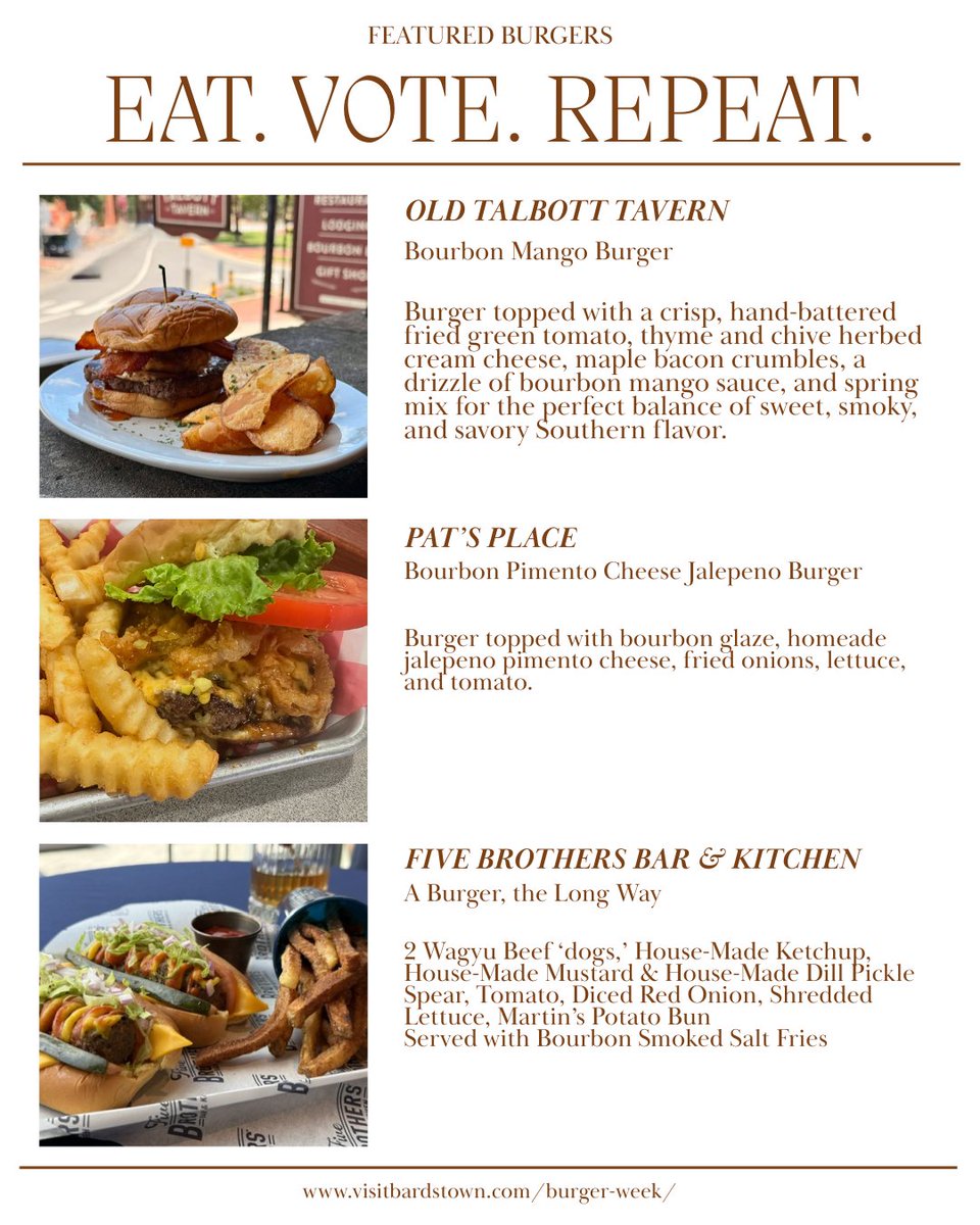 visitbardstown's tweet photo. 🍔 Meat the first featured burgers of Bardstown Burger Week! The countdown to July 20–27 is on, and we're revealing more mouthwatering creations all week. Start planning your burger tour! 🤤

📍https://t.co/aQJFX2Ve7c

#BardstownBurgerWeek #VisitBardstown https://t.co/lRel15O5y3