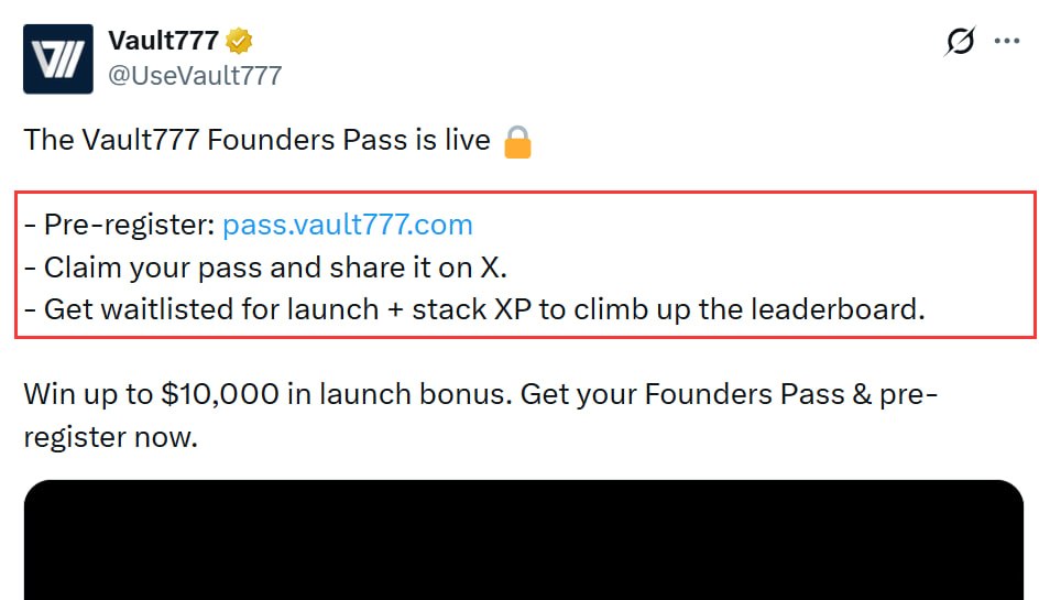 Airdrop6_com's tweet photo. New #airdrop: Vault777 (FCFS 2,500 Only & Potential Airdrop)
Reward: Founder Card & Points
News: XeetDot, Chainlink
Distribution date: After TGE

🔗Airdrop Link: https://t.co/0qOvEuXxOW

1: Connect with your twitter, Claim and share your card on twitter
2: Connect wallet and complete tasks, Done and wait more update
3: These points will be converted into airdrop reward after the TGE
4: Only First 2,500 users will receive the Highest-Tier Founder Pass