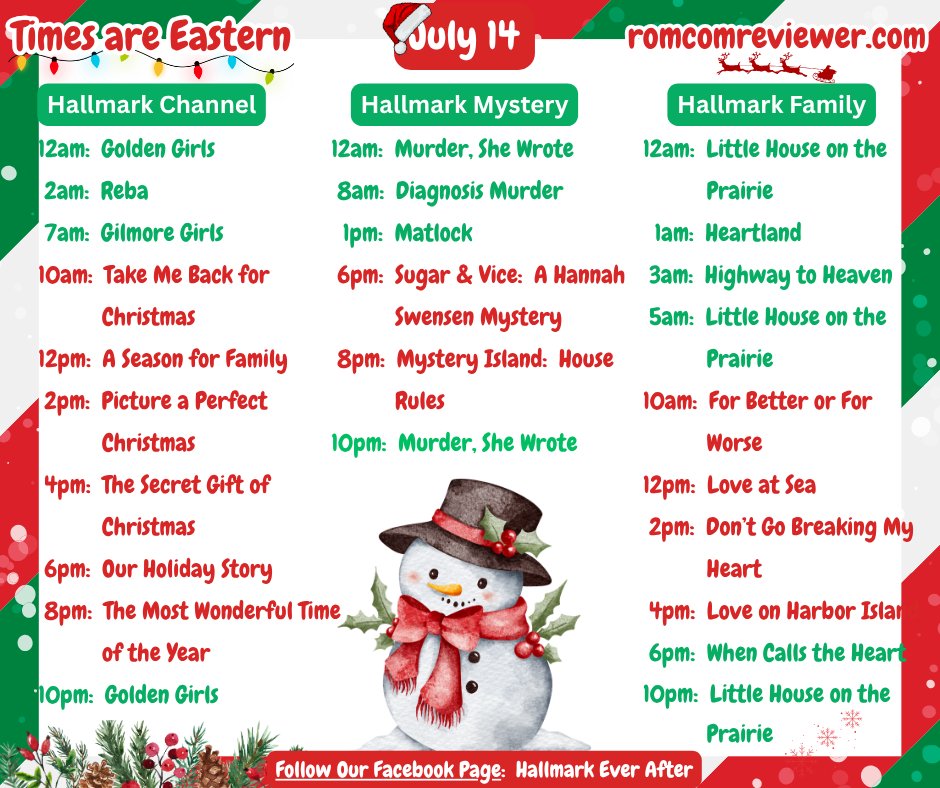 RomComReview1's tweet photo. Here is your daily #HallmarkSchedule for TUESDAY, JULY 14!

One of my favorites is playing--"Take Me Back for Christmas" along with the beloved classic "The Most Wonderful Time of the Year!"

#HallmarkChannel #ChristmasInJuly #HallmarkMystery #HallmarkFamily https://t.co/eryCjcPcB0