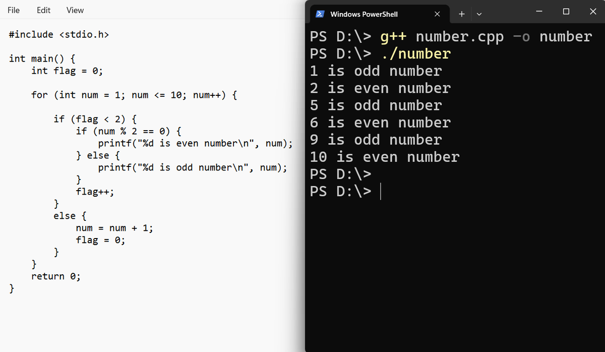 saddab_0's tweet photo. First lecture of 2nd year today. This was today's code by the way. And yeah - its notepad + cmd. 

(its C code in cpp file compiled in g++, sir gave this just for warm up)

I'm now following a new timetable to make most of my time at home - So that I can manage DSA and Dev. https://t.co/5ok23Q0ZOF